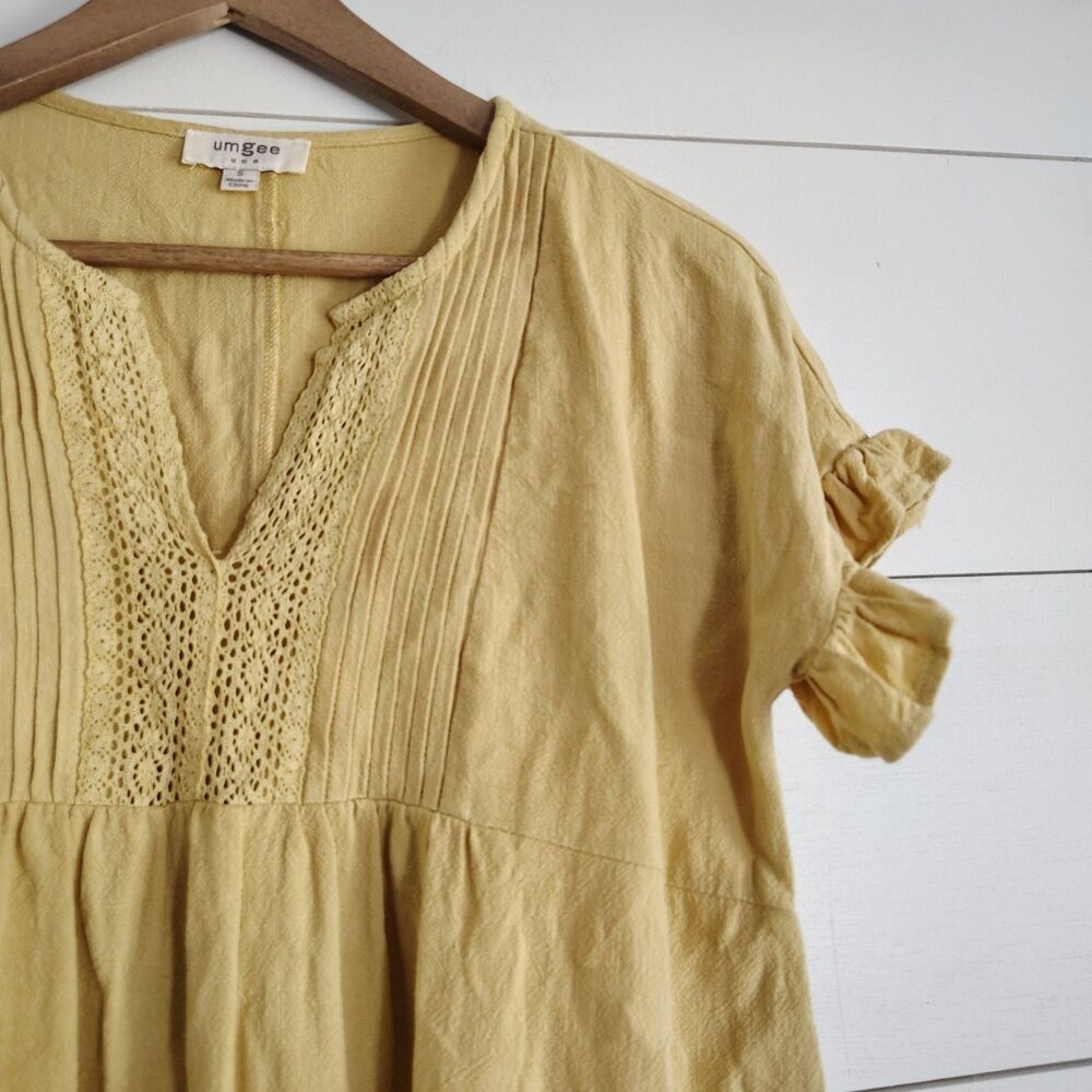 UMGEE Blouse Top Yellow Linen Blend Cottagecore Boho Peasant Lagenlook Small - Picture 2 of 7